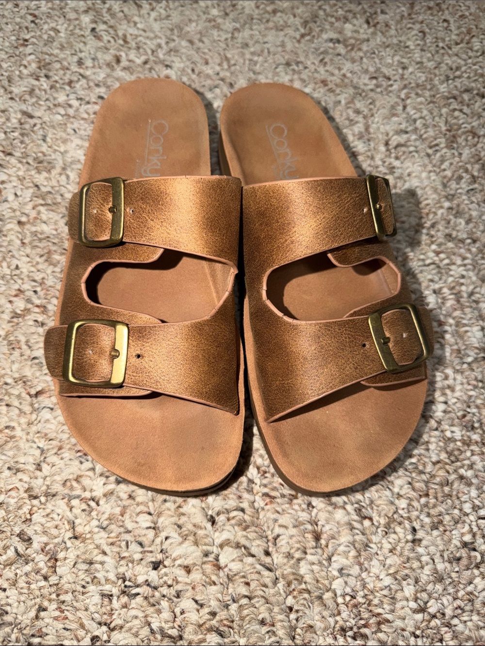 Corkys Women's Tan Brown Double Buckle Slide Sandals